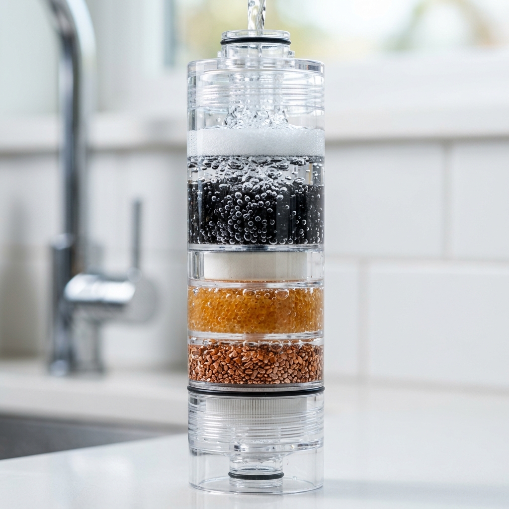 Pristine multi-stage water filter cartridge with clear water bubbling through internal filtration layers
